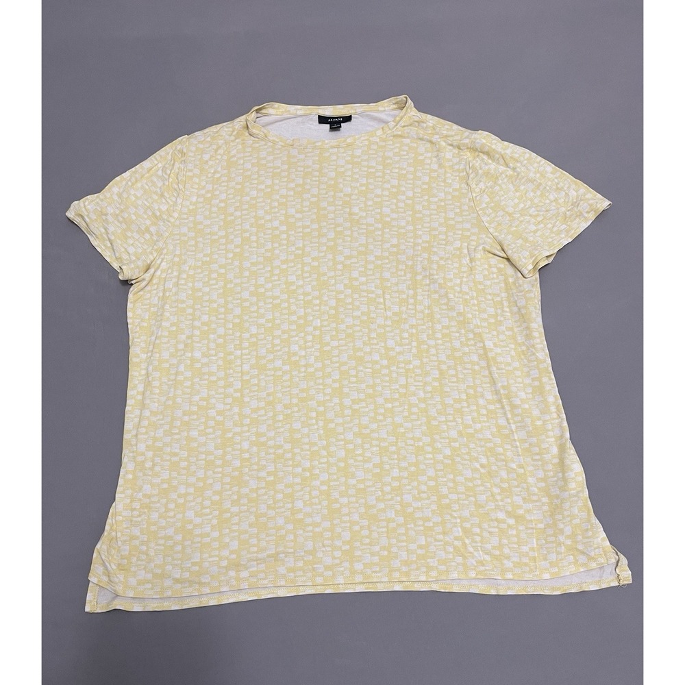 Alfani Womens Yellow White Geometric Checkered Short Sleeve Crew Neck Top Large